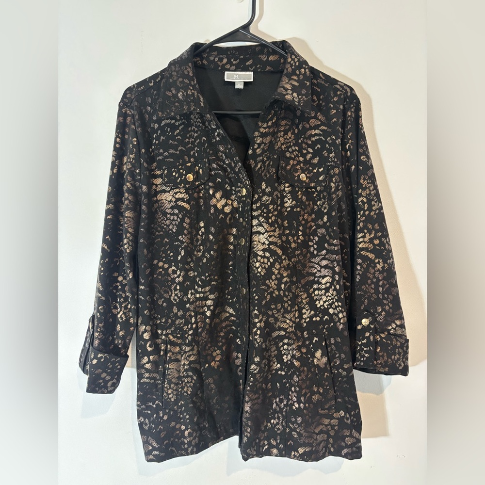 JM Collection Women’s Medium Button Down 3/4 Sleeve Casual Black Metallic Shirt